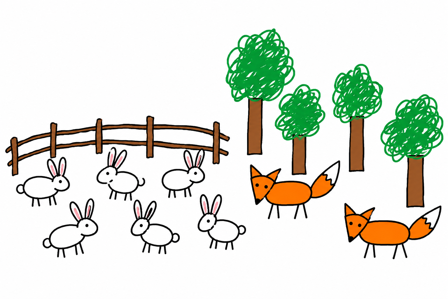 Hand-drawn rabbits and foxes among a fence and trees